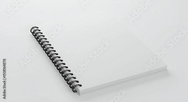 Obraz Blank spiral-bound notebook resting on a white surface. A minimalist, generic notebook displays its black coils and clean white pages, ready for any user in a professional setting.