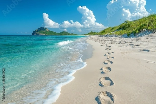 Fototapeta Beach footprints, turquoise water, island backdrop, summer travel