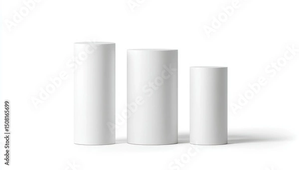 Obraz Three white cylindrical podiums of varying heights against a white background