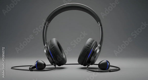 Obraz Black over-ear headphones with included ear buds, presented in a studio setting. The headphones are positioned for a product shot, displaying sleek design and modern technology.