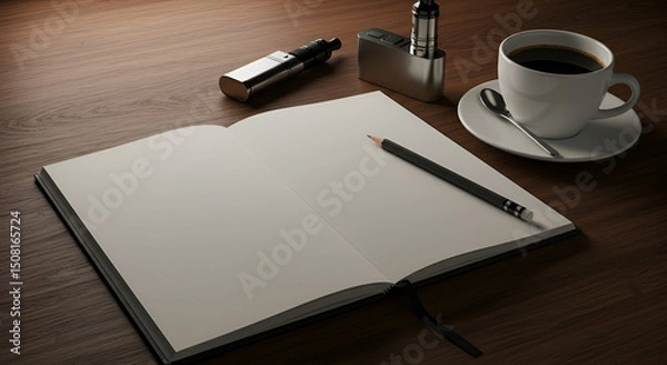 Obraz Open notebook with vaping devices and coffee on a wooden surface. A blank notebook rests open with a pencil and a cup of coffee, along with vaping devices, on a dark wooden table.