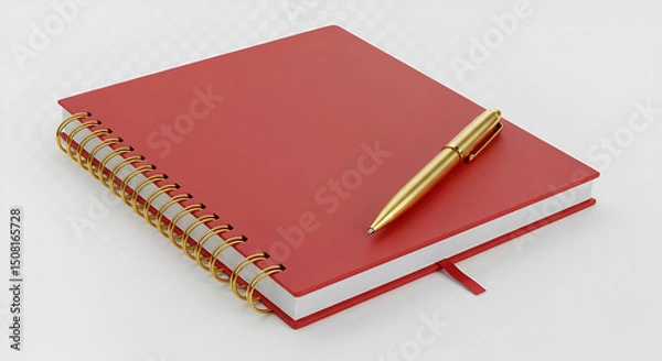 Fototapeta Red spiral-bound notebook with a gold pen resting on it. A neutral background displays a stationary item.