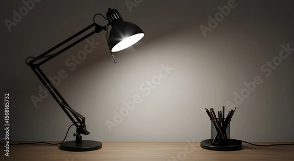 Obraz Black adjustable desk lamp illuminating a workspace with stationary supplies. Modern lamp with adjustable arm positioned on a light brown wooden desk in a minimalist, neutral room.