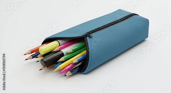 Obraz Blue pencil case filled with assorted colored pencils and markers. Open pencil case displays contents on a plain white surface.