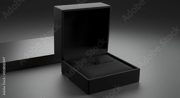 Obraz Empty black jewelry box, open and displayed on a dark grey surface. Elegant presentation of a high-end, minimalist jewelry box for promotional purposes.