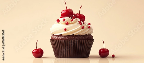 Obraz Delicious decorated cupcake with cherries.