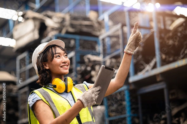 Fototapeta Happy Black Asian women technician engineer hardware stock warehouse worker enjoy working in heavy industry.