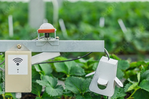 Fototapeta Smart farming, CO2 Sensor humidity lighting temperature monitor technology for automation plant farm