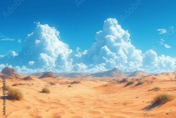 Fototapeta Sunny desert landscape, puffy clouds, travel background