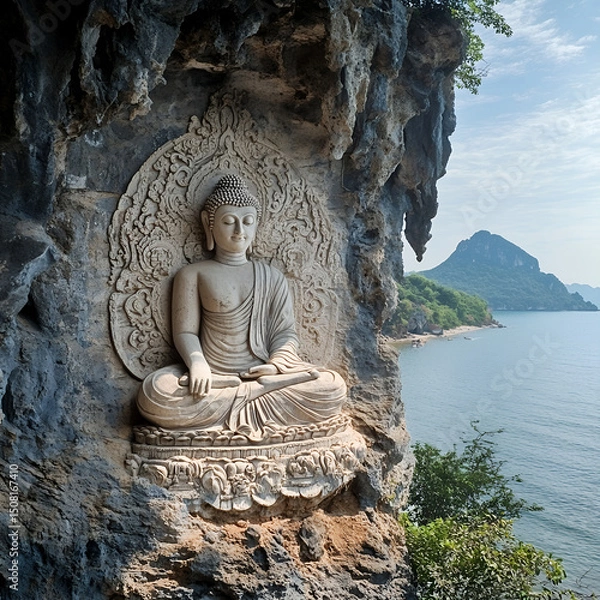 Fototapeta Serene Buddha Statue in Cliffside Cave Overlooking Ocean