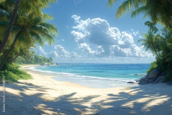 Fototapeta Sunny tropical beach, calm ocean, palm trees, idyllic vacation