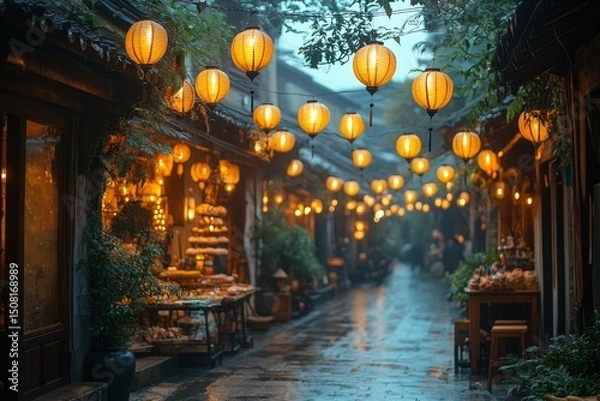 Fototapeta Rainy night in Asian alleyway, lanterns illuminate shops