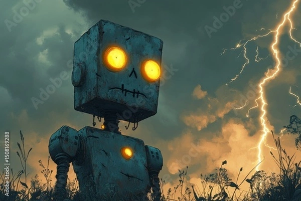Fototapeta Rusty robot in field, stormy sky