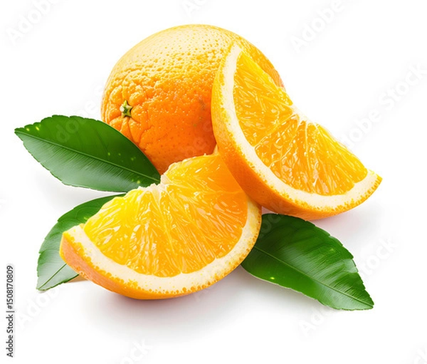 Fototapeta Fresh and vibrant whole orange with two juicy slices cut out, showcasing glossy skin and natural seeds against a clean white background, complemented by green leaves for contrast. Perfect for healthy
