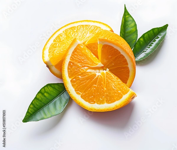 Fototapeta Fresh and vibrant whole orange with two juicy slices cut out, showcasing glossy skin and natural seeds against a clean white background, complemented by green leaves for contrast. Perfect for healthy
