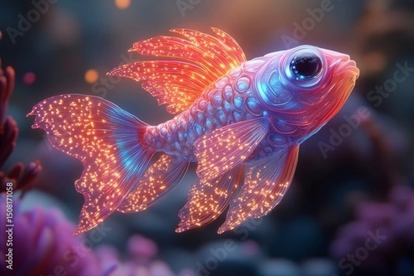 Fototapeta Glowing fish swims in ocean reef, digital art, aquarium backdrop