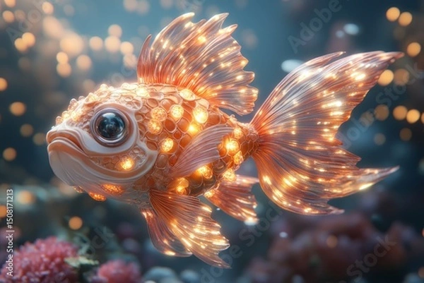 Fototapeta Luminous fish swims in ocean, coral background, digital art, fantasy
