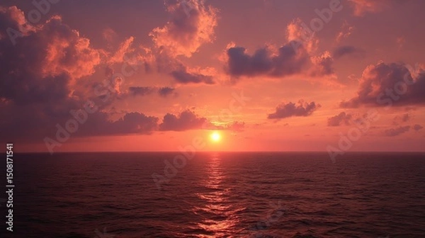 Fototapeta Beautiful sunset ocean view wallpaper background image of red sky and clouds nature photography seascape horizon