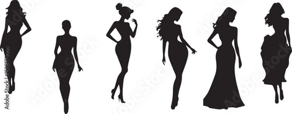 Fototapeta  women silhouettes in diverse poses on a white background. Modern flat design aesthetic, eerie creepy atmosphere. Warm golden glow, dark tones, unsettling details, simple two-dime