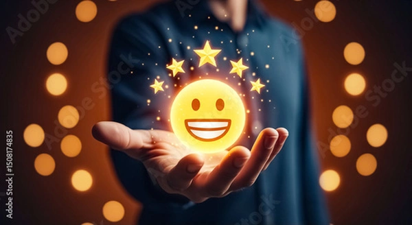 Fototapeta Smiley face with happy emotion in hand showcasing positive energy and joyful expression