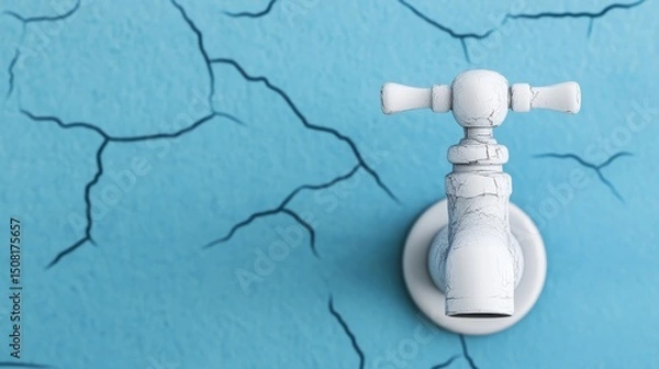 Fototapeta A dry water faucet mounted on a cracked, parched blue wall symbolizing drought and water scarcity.