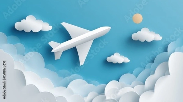 Fototapeta A paper airplane soaring through a layered sky of clouds
