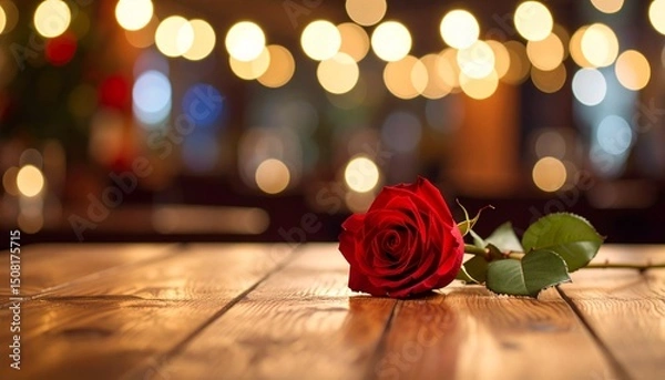Obraz Photo of a red rose on a wooden table with a blurry background