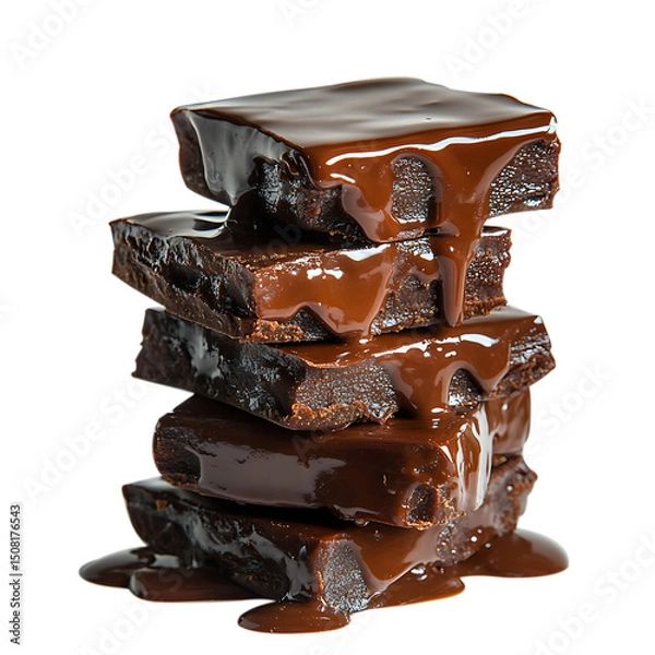 Fototapeta Stack of chocolate brownies drizzled with ganache isolated on transparent background
