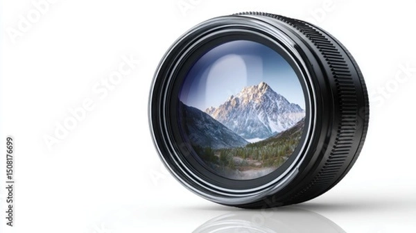 Fototapeta Close-up of a camera lens with a mountain scene