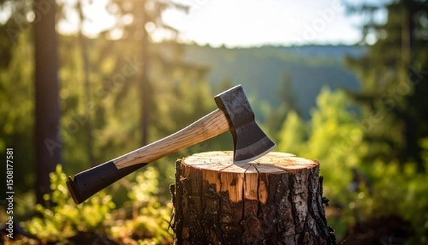 Obraz Photo of an Axe on a tree stump with a blurred background