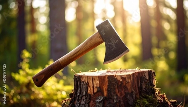 Fototapeta Photo of an Axe on a tree stump with a blurred background