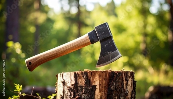Obraz Photo of an Axe on a tree stump with a blurred background