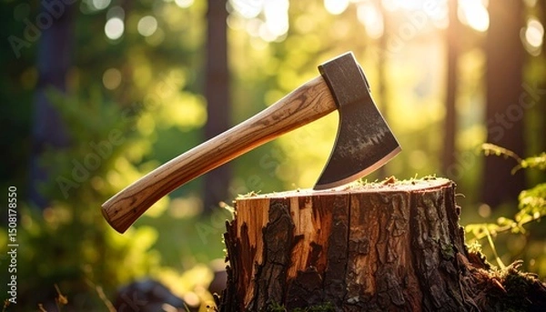 Obraz Photo of an Axe on a tree stump with a blurred background
