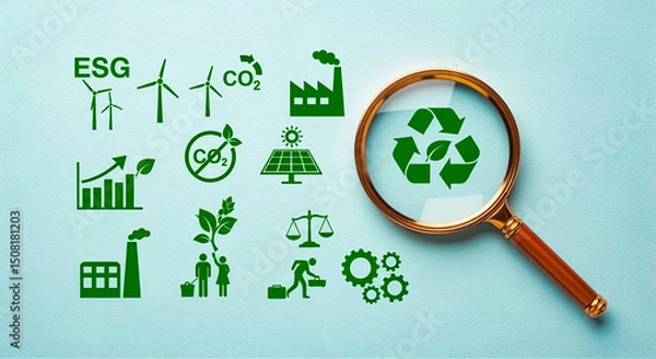 Fototapeta Magnifying glass focusing on environmental sustainability icons and symbols showing green energy and recycling concepts