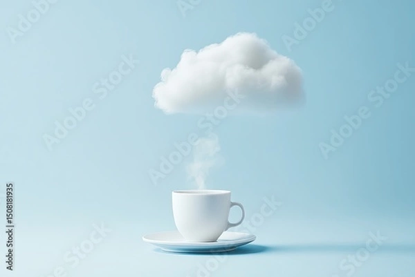 Fototapeta A white cup of steaming hot coffee, with a fluffy white cloud hovering above