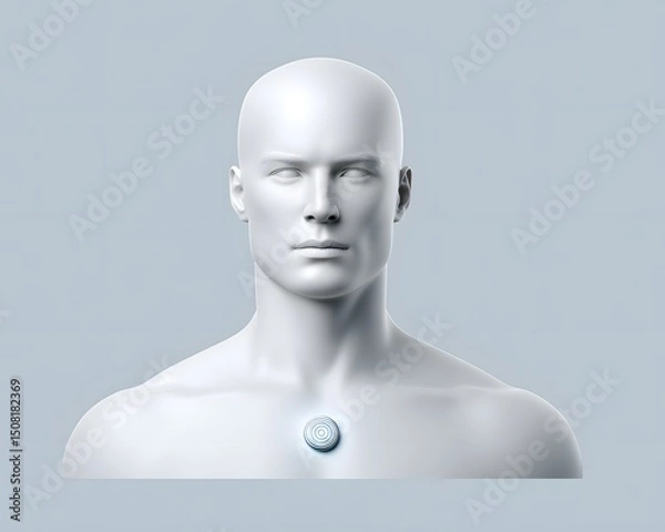 Fototapeta Minimalist futuristic portrait of a sleek android with smooth white ceramic skin and a glowing AI core visible in the chest, set against a sterile, high-tech environment, ultra-clean aesthetic,