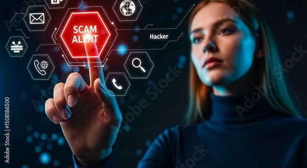 Fototapeta Hacker activating scam alert on digital interface for cybersecurity measures