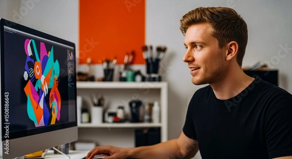 Fototapeta Graphic designer creating vibrant digital art in a modern workspace with computer