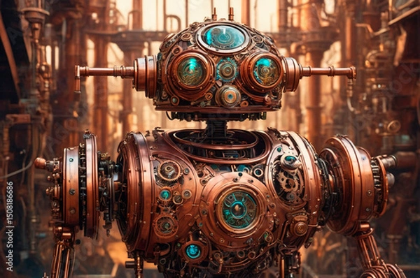 Fototapeta Intricate Steampunk Robot in Industrial Setting. Generative AI.
