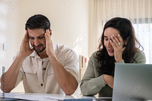 Fototapeta Couple overwhelmed by overdue bills and low income, facing economic stress and inflation-related financial crisis