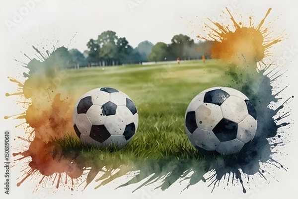 Obraz Close-up of a soccer ball on the field in watercolor style