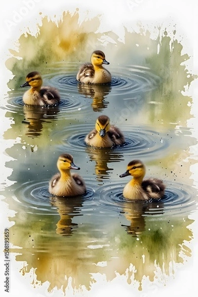 Fototapeta Ducklings creating ripples in a small pond with their splash in watercolor style