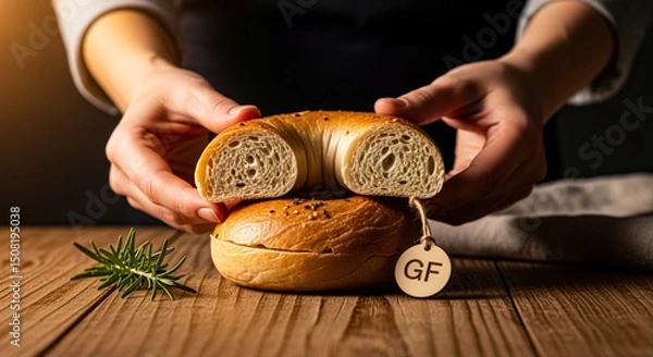 Fototapeta Bagel gluten-free split displayed on a wooden table with rosemary garnish