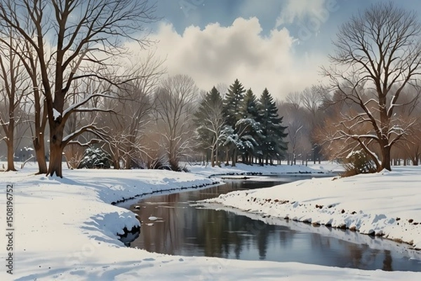 Obraz Meadowbrook in winter with snow-covered banks in watercolor style