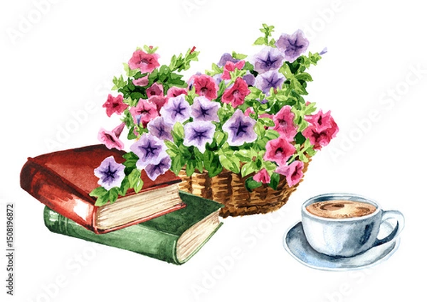Fototapeta Rustic composition with flowers and old books. Hand drawn watercolor illustration isolated on white background