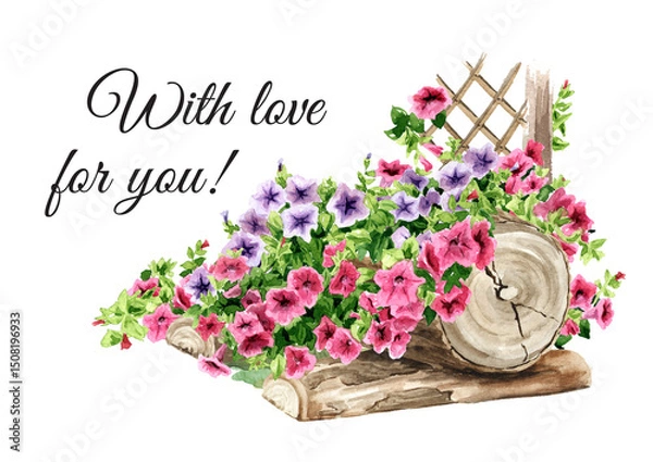Fototapeta Rustic composition with Petunia flowers, greeting card. Hand drawn watercolor illustration isolated on white background