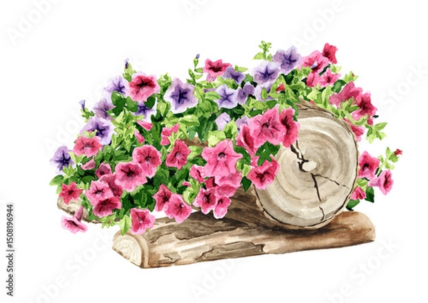 Fototapeta Rustic composition with Petunia flowers. Hand drawn watercolor illustration isolated on white background