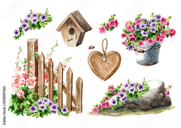 Fototapeta Rustic decor compositions set. Hand drawn watercolor illustration isolated on white background
