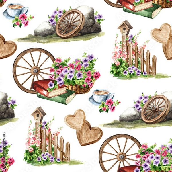 Fototapeta Rustic seamless pattern. Hand drawn watercolor illustration isolated on white background