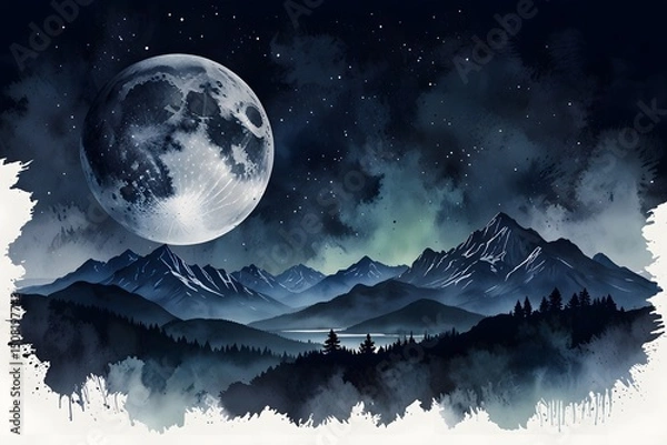 Obraz Mountains under a luminous full moon in watercolor style
